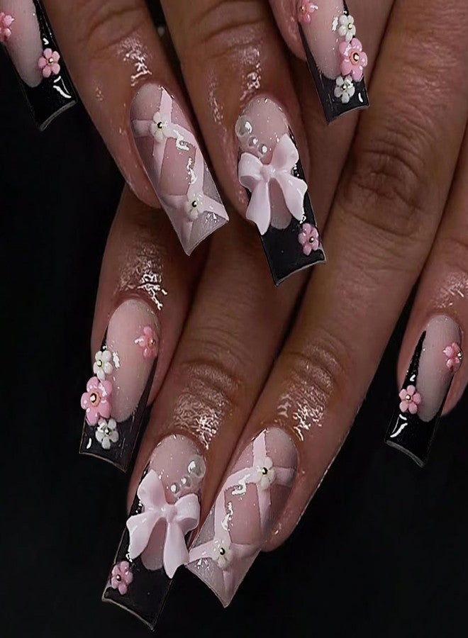SEMATA Black Pink French Tip Press on Nails Medium Long Square Acrylic Fake Nails Press Ons with Glue 24Pcs Flower Pearls Cute Stick on Nail for Women 3D Bow Artificial Glue on False Nail 12 Sizes - Image 2